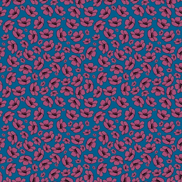   Pembe çiçekli mavi bir arka planda kusursuz desen
