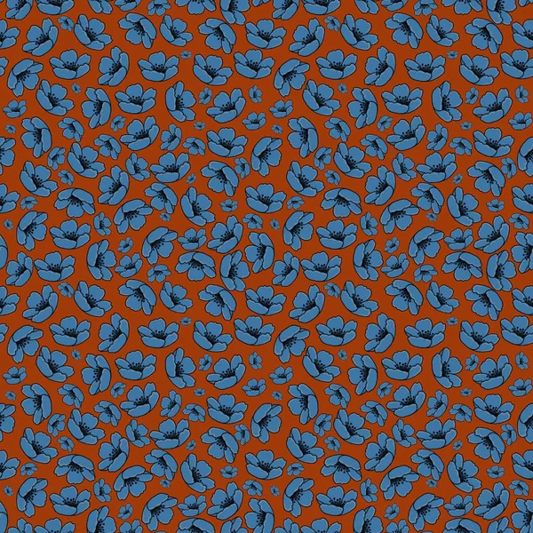   Kırmızı arkaplanda mavi çiçekli kusursuz desen