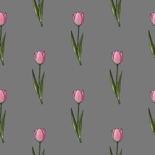   Gri arka planda pembe laleli kusursuz desen