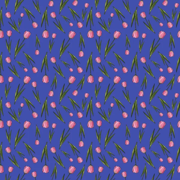   Pembe laleli kusursuz desen mavi arka planda.