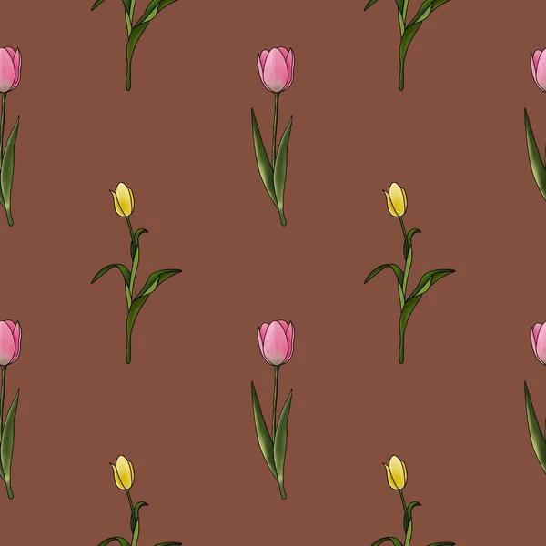   Kahverengi arka planda laleleri olan kusursuz bir desen.