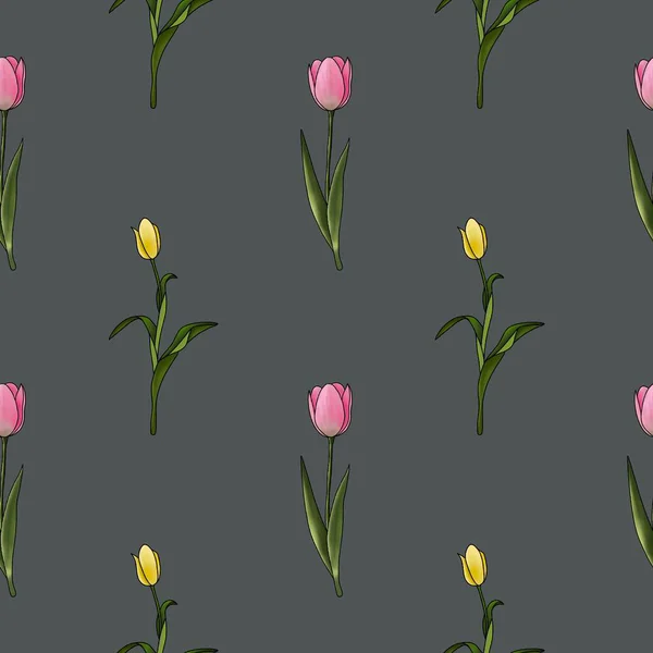   Pembe ve sarı laleli kusursuz desenli koyu arkaplan