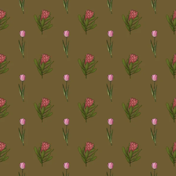   Pembe çiçekli ve yapraklı botanik suluboya deseni