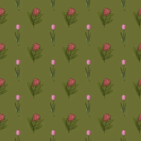 Laleler ve protea çiçekleri ile desensiz çiçek deseni  