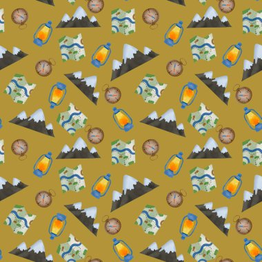   Dağlar, fener ve hardal arkaplanda haritalı kusursuz desen