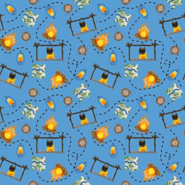   Kamp ateşi, harita, pusula.