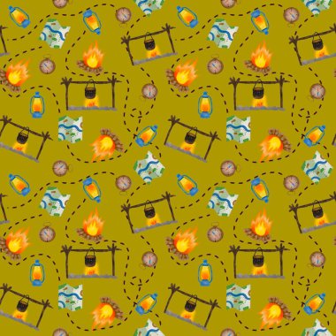   Yeşil arka planda kamp elementleri olan kusursuz bir model.