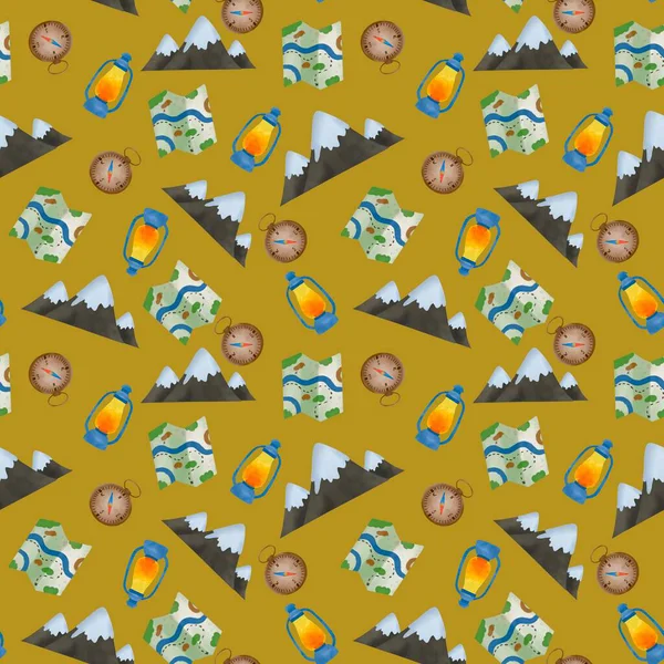   Dağlar, fener ve hardal arkaplanda haritalı kusursuz desen