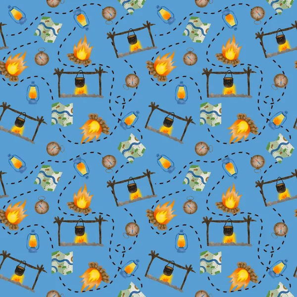   Kamp ateşi, harita, pusula.