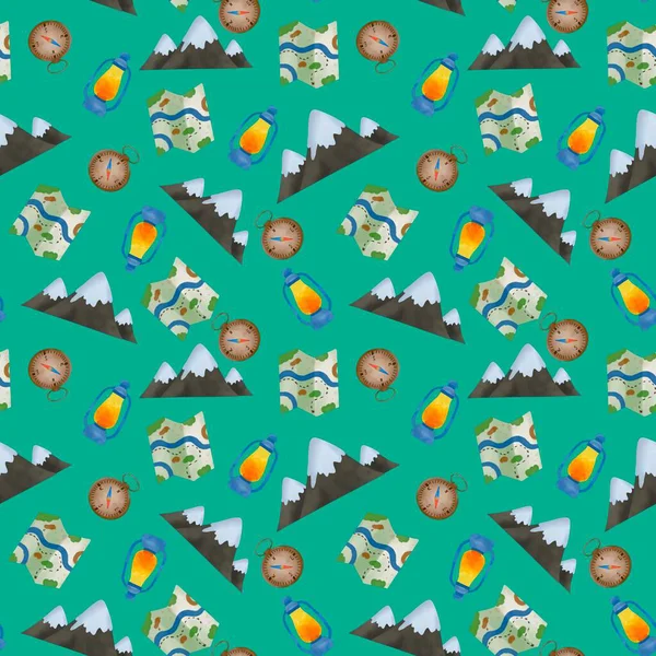   Dağları, haritası ve feneri olan yeşil bir arka planda kusursuz desen.