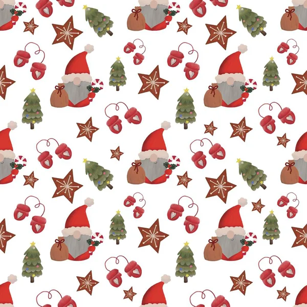   Gnome, geyik ve Noel ağacı olan beyaz bir arka planda kusursuz bir desen.