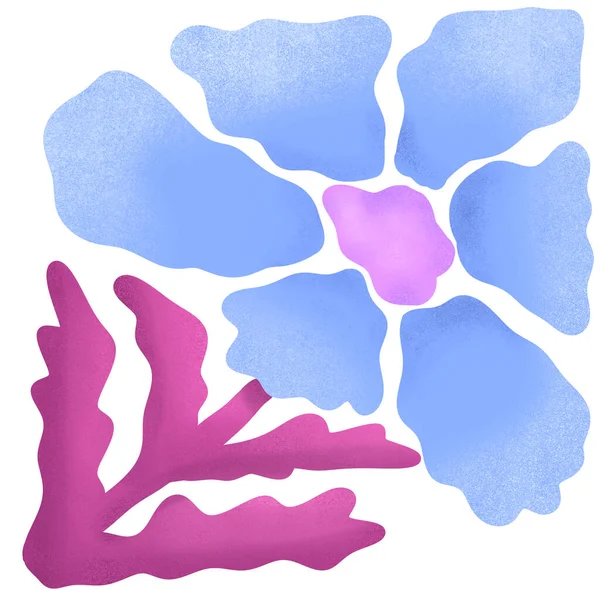 Yumuşak, soyut, mavi ve pembe yapraklı, sarı ve pürüzsüz yeşil yapraklı bir çiçek çizimi..