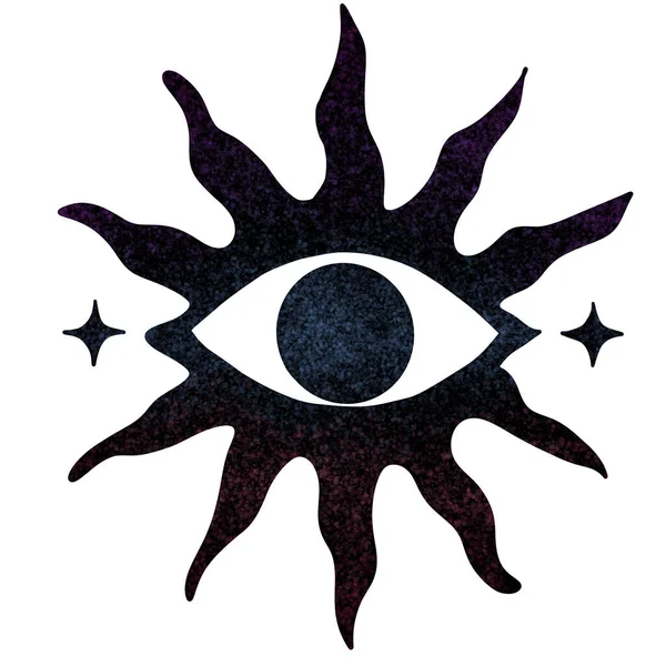 Mistik kozmik bir göz, biçimlendirilmiş güneş ışınlarıyla çevrili, yumuşak desenli tahıl etkisine sahip, mavi, mor ve kırmızı tonlarda gösterilmiş..