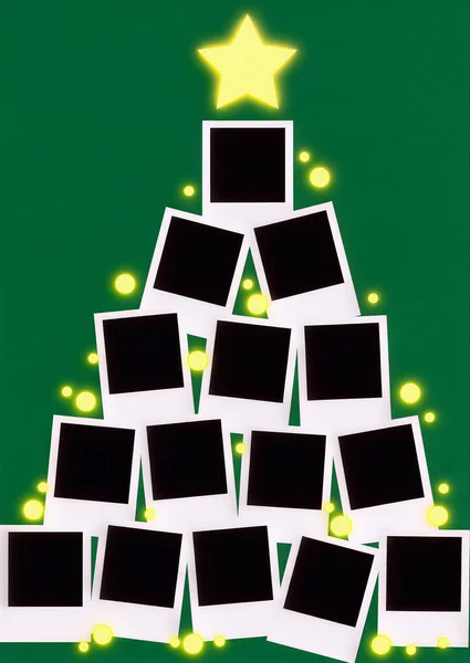 Noel ağacı dizaynında Noel fotoğrafı kolajı yeşil arka planda parlayan ışıklar, Noel ağacı