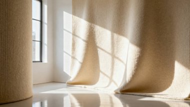 empty white carpet on modern beige wall. interior design.