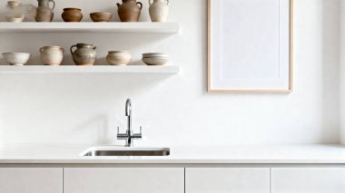 white kitchen interior with wooden sink