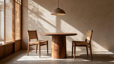 empty wooden table and dining room with window