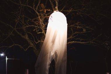 Karanlıktaki hayalet figürünün ürkütücü bir Cadılar Bayramı fotoğrafı. Ürkütücü ışıklandırması ve sisli bir atmosferi var. Korku, Cadılar Bayramı ve doğaüstü temalar için mükemmel..