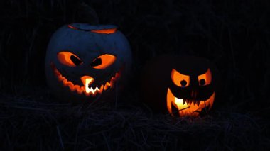 Cadılar Bayramı. Işıl ışıl Cadılar Bayramı balkabakları (kriko-fenerler) gecenin karanlığında içinde titreyen mumlar, ürkütücü ve şenlikli sonbahar atmosferi, 4K ultra HD görüntü.