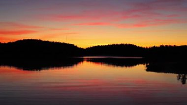 Güzel sonbahar gündoğumu deniz üzerinde altın güneş ışığı, yumuşak sis su ve orman kıyı şeridi üzerinde sürükleniyor, 4K ultra HD huzurlu doğa manzarası