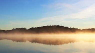 Güzel sonbahar gündoğumu deniz üzerinde altın güneş ışığı, yumuşak sis su ve orman kıyı şeridi üzerinde sürükleniyor, 4K ultra HD huzurlu doğa manzarası