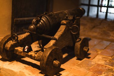 Ortaçağ kalesinin iç kısımlarına tahta sandıklar, metal kilitler, heykeller, eski kitaplar ve mum tutacakları da dahil olmak üzere çeşitli antika nesneler yerleştirildi. Sıcak ışık dokuları, tarihi işçiliği ve ortaçağ atmosferini vurgular. Miras için mükemmel, merhaba.