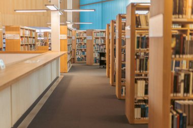 Sıralar dolusu kitap rafları kütüphane koridorunda sıcak ve davetkar bir atmosfer yaratıyor. Arka plan hafifçe bulanık ve bulanık....