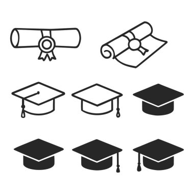 Mezuniyet simgeleri hem özetlenmiş hem de doldurulmuş diplomaları ve akademik başlıkları gösteriyor. Basit şekiller başarıyı, eğitimi ve akademik kilometre taşlarının kutlanmasını vurguluyor.