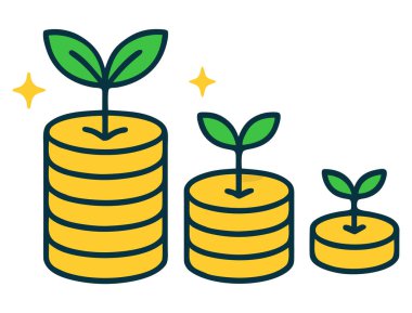 Yığılmış altın sikkeler, tepeden yükselen yeşil tohumlar, finansal büyümeyi, yatırım dönüşlerini, sürdürülebilirliği ve uzun vadeli ekonomik başarıya doğru sürekli ilerlemeyi sembolize ediyor..