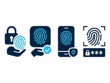 Donanma ve Cyan 'da dört temiz biyometrik güvenlik özelliği parmak izi, aygıt ve kilit elementleri, modern dijital koruma ve kimlik doğrulamasını basit, profesyonel bir şekilde iletiyor..