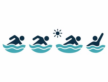 Dört stilize yüzücü katmanlı deniz mavisi dalgalarında süzülüyor, biri küçük bir güneş sembolü ile işaretlenmiş. Basit formlar modern, enerjik bir yaz temalı görsel yaratıyor..