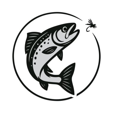Biçimli bir alabalık dairesel bir çerçevenin içine atlar ve balık yemine doğru uzanır. Kalın çizgiler, pürüzsüz gölgeleme ve minimalist detaylar balık temaları ve açık hava brandisi için mükemmel bir simge oluşturur.