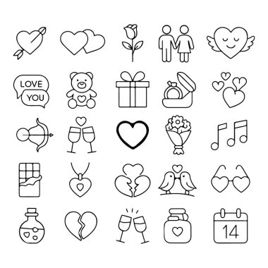 Aşk ve Sevgililer Günü etrafındaki ana simgeler, kalpler, güller, hediyeler, yüzükler, çikolata, güvercinler, müzik notaları ve kartlar, uygulamalar ve dekorasyonlar için romantik semboller.