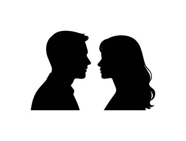 Yan profillerde görünen bir erkek ve bir kadın, yüz yüze. Yüz hatlarını, saç stili farklılıklarını ve sembolik veya romantik temalar için duruşu vurgulayan minimal tasarım.