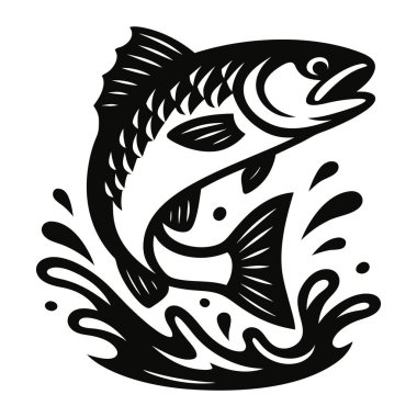 Sudan atlayan büyük bir balığın dinamik siyah-beyaz çizimi. Güçlü çizgiler, kalın gölgeleme ve dramatik hareket sıçrama efektleri olan enerjik, klasik amblem tarzı bir tasarım oluşturur..