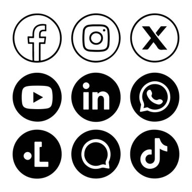 Facebook, Instagram, X, YouTube, LinkedIn, WhatsApp, TikTok ve diğerleri gibi sosyal medya simgelerinin temiz ve cesur bir koleksiyonu. Web tasarımı, markalaşma, sunumlar ve pazarlama malzemeleri için mükemmel