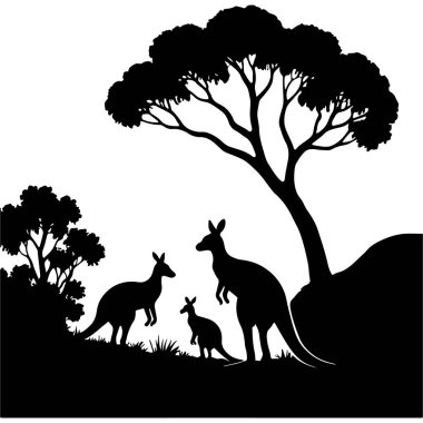 Üç kanguru, uzun ağaçlar ve çalılarla çevrili hafif bir yükselişte bir arada durur ve sakin bir taşra anı yaratarak aile varlığını, doğal dengeyi ve manzaranın sessiz ritmini ön plana çıkarır..