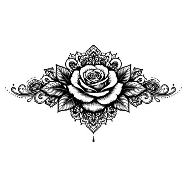 Karmaşık botanik detaylar ve akışkan dekoratif desenlerle çevrili süslü bir gül. Bu zarif çiçek tasarımı romantizmi, dengeyi ve zamansız güzelliği, zarif dekoru, baskıyı ve sanatsal projeleri taşır..