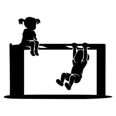 İki çocuk oyun parkındaki barlarda oynaşmaktan zevk alıyor, biri yukarıda otururken diğeri aşağıda sallanıyor. Sahne çocukluk eğlencesi, denge, güç, merak ve neşeli açık hava aktivitelerini yakalıyor..