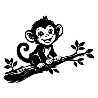 Neşeli genç bir maymun ağaç dalına oturmuş, neşeli bir merak ve enerjiyle gülümsüyor. Sahne masumiyeti, neşeyi, doğayı ve vahşi yaşamın hayat dolu ruhunu dostça, büyüleyici bir anda yansıtıyor..