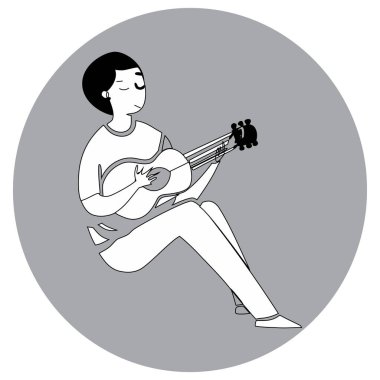 Minimalist, siyah beyaz gözleri kapalı, oturan ve akustik gitar çalan biri. Şekil, basit, cesur hatlar ve katı siyah ve beyaz alanlarla oluşturulmuştur. Gitarın görünür telleri ve akort mandalları vardır. Kompozisyon kont