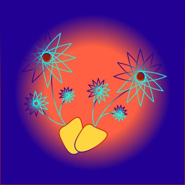 Altta iki soyut sarı şekil var. Üstlerinde, kırmızı merkezli birkaç stilize mavi yıldız patlaması ince mavi saplarda ortaya çıkar. Arka plan, merkezdeki sıcak bir portakaldan kenarlardaki koyu maviye dönüşen pürüzsüz bir eğimdir.