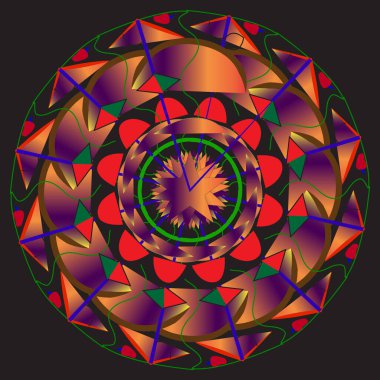 Karanlık bir geçmişi olan dairesel bir soyut. Geometrik şekillerin dairesel deseni üçgenler ve kavisler de dahil. Turuncu, sarı ve mor renklerin yanı sıra koyu kırmızı, yeşil ve mavi çizgilerin gradyanı sıra ince yeşil ve mavi çizgiler bir his yaratır.