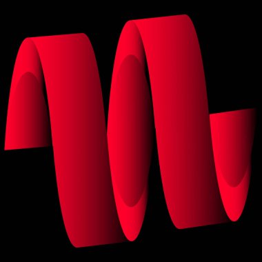 Pürüzsüz, dalgalı kırmızı bir kurdele, katı siyah bir zemin üzerinde sarmal ya da bükülmüş bir şekil oluşturur. Kurdele, daha parlak bir tondan daha koyu bir gölgeye geçerek ona üç boyutlu bir görünüm veren ince gölgelerle kırmızının bir gradyanını sergiliyor.