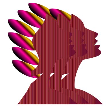 Bir kişinin kafasının stilize edilmiş bir profili beyaz arka planda tasvir edilir. Profil, pembe ve sarı tonlarda dikey çizgilerle dolu. Bu da dokulu bir etki yaratıyor. Kafasını birden fazla oval tüyden oluşan bir başlık süslüyor..