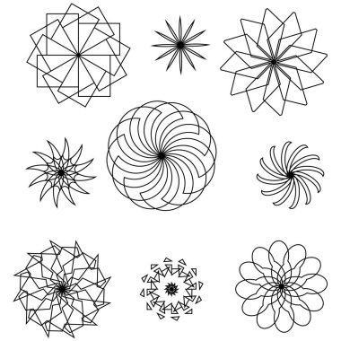 Beyaz arka planda sıralanmış sekiz farklı siyah çizgi. Kareler, üçgenler ve eğriler de dahil olmak üzere geometrik şekiller radyal ve simetrik kalıplarda sıralanmıştır. Bazıları mandalalara ya da karmaşık detaylarla yıldız patlamalarına benzer.