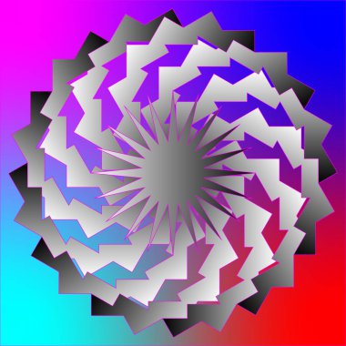 Geometrik bir soyut, keskin, açısal bir merkezî yıldız patlaması şekli. Bunlar gri ve beyaz tonlarında, ince bir eğimle, pembeyle çizilmiş. Derinlik hissi yaratmak için katmanlı ve birbirine kenetlenmişlerdir. Arka plan pürüzsüz bir g