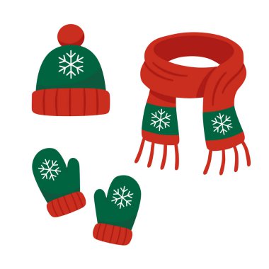 Noel şenlikli bir kış setinin düz bir çizimi, ponponu olan yeşil bir şapka, uyumlu eldivenler ve beyaz kar taneleriyle süslenmiş kırmızı bir eşarp. Tatil tasarımları, kış süslemeleri, tekstil baskıları, tebrik kartları, ambalajlar için mükemmel.