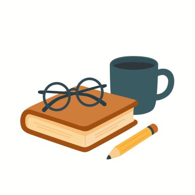 Kapalı bir kitap, bardak, kahve fincanı ve kurşun kalem içeren samimi bir illüt. Kompozisyon sıcak bir okuma ve çalışma atmosferini yansıtıyor. Bu sanat çalışması eğitim temaları, kitapla ilgili içerik, öğrenme materyalleri ve blog yazarlığı için idealdir.