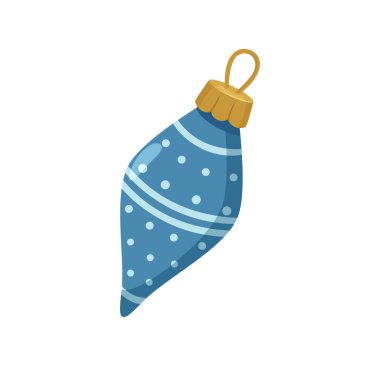 Noktalı ve çizgili desenlerle süslenmiş uzun mavi bir Noel ve yeni yıl süsü. Festivalsel düz stil, mevsimlik sanat eserleri, kış temaları, tebrik kartları, tatil markaları ve dekoratif projeler için ideal hale getiriyor..